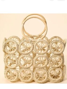 Fame Accessories Open Circle Weave Straw Tote Bag Round Handles Citrus Wheels